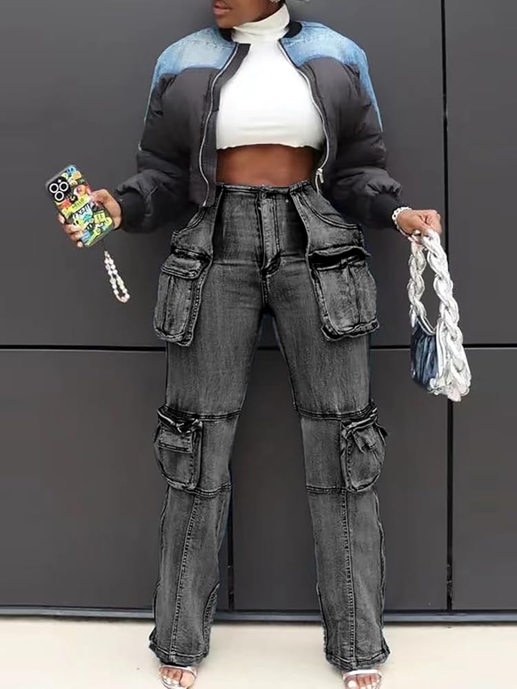 LKOUS Casual Cargo Jeans for Women, Zip Side Slit Denim